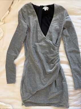 superdown Metallic Gray Ruched Wrap Long Sleeve Dress